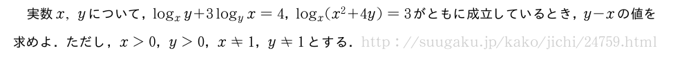 実数x,yについて，log_xy+3log_yx=4，log_x(x^2+4y)=3がともに成立しているとき，y-xの値を求めよ．ただし，x＞0，y＞0，x≠1，y≠1とする．
