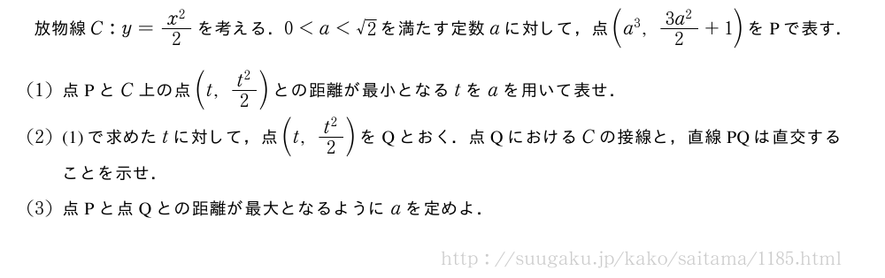 放物線C:y=\frac{x^2}{2}を考える．0＜a＜√2を満たす定数aに対して，点(a^3,\frac{3a^2}{2}+1)をPで表す．(1)点PとC上の点(t,\frac{t^2}{2})との距離が最小となるtをaを用いて表せ．(2)(1)で求めたtに対して，点(t,\frac{t^2}{2})をQとおく．点QにおけるCの接線と，直線PQは直交することを示せ．(3)点Pと点Qとの距離が最大となるようにaを定めよ．