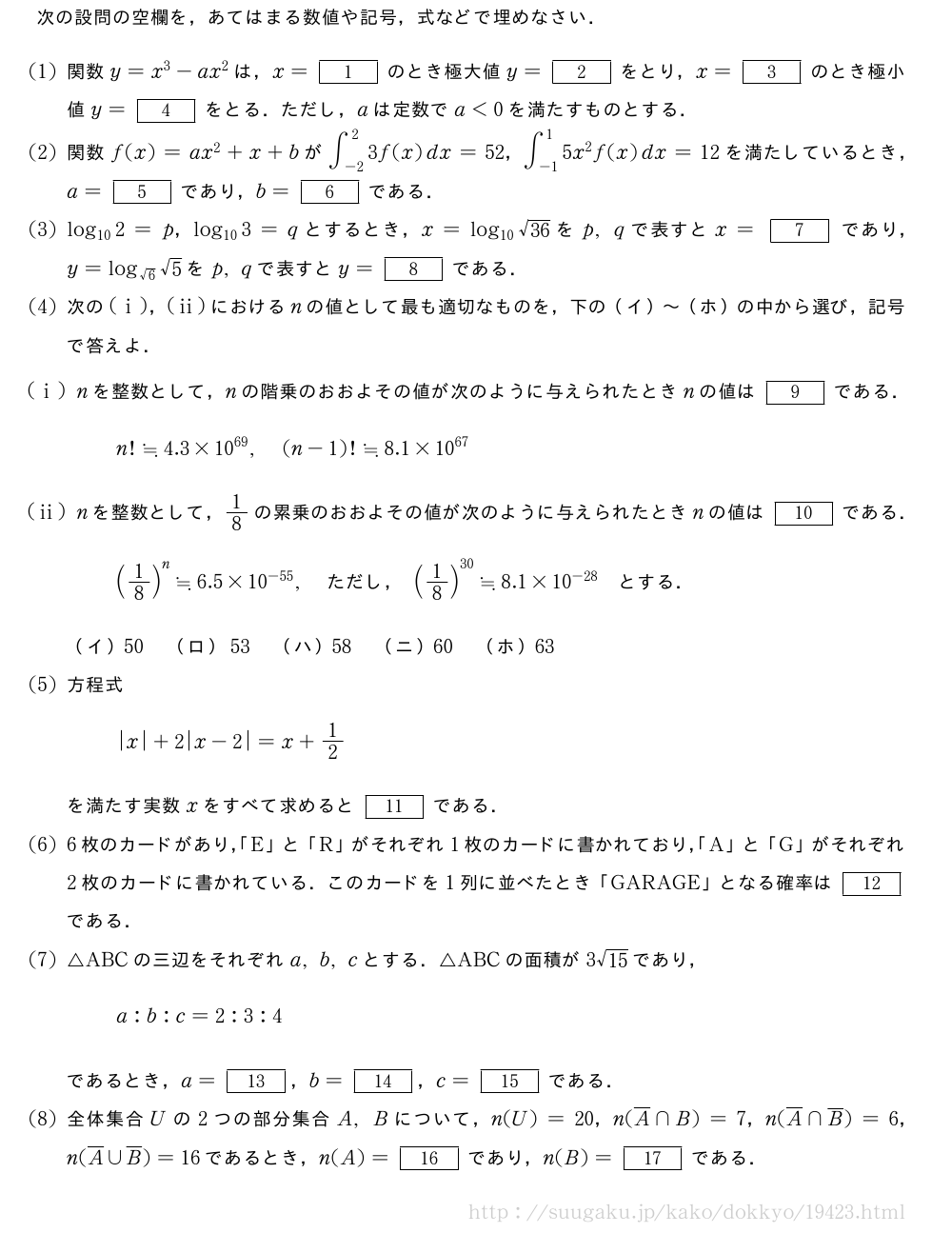 次の設問の空欄を，あてはまる数値や記号，式などで埋めなさい．(1)関数y=x^3-ax^2は，x=[1]のとき極大値y=[2]をとり，x=[3]のとき極小値y=[4]をとる．ただし，aは定数でa＜0を満たすものとする．(2)関数f(x)=ax^2+x+bが∫_{-2}^23f(x)dx=52，∫_{-1}^15x^2f(x)dx=12を満たしているとき，a=[5]であり，b=[6]である．(3)log_{10}2=p，log_{10}3=qとするとき，x=log_{10}\sqrt{36}をp,qで表すとx=[7]であり，y=log_{√6}√5をp,qで表すとy=[8]である．(4)次の(i)，(ii)におけるnの値として最も適切なものを，下の（イ）～（ホ）の中から選び，記号で答えよ．(i)nを整数として，nの階乗のおおよその値が次のように与えられたときnの値は[9]である．n!\fallingdotseq4.3×10^{69},(n-1)!\fallingdotseq8.1×10^{67}(ii)nを整数として，1/8の累乗のおおよその値が次のように与えられたときnの値は[10]である．(1/8)^n\fallingdotseq6.5×10^{-55},　ただし，　(1/8)^{30}\fallingdotseq8.1×10^{-28}　とする．　（イ）50（ロ）53（ハ）58（ニ）60（ホ）63(5)方程式|x|+2|x-2|=x+1/2を満たす実数xをすべて求めると[11]である．\mon6枚のカードがあり，「E」と「R」がそれぞれ1枚のカードに書かれており，「A」と「G」がそれぞれ2枚のカードに書かれている．このカードを1列に並べたとき「GARAGE」となる確率は[12]である．\mon△ABCの三辺をそれぞれa,b,cとする．△ABCの面積が3\sqrt{15}であり，a:b:c=2:3:4であるとき，a=[13]，b=[14]，c=[15]である．\mon全体集合Uの2つの部分集合A,Bについて，n(U)=20，n(\overline{A}∩B)=7，n(\overline{A}∩\overline{B})=6，n(\overline{A}∪\overline{B})=16であるとき，n(A)=[16]であり，n(B)=[17]である．