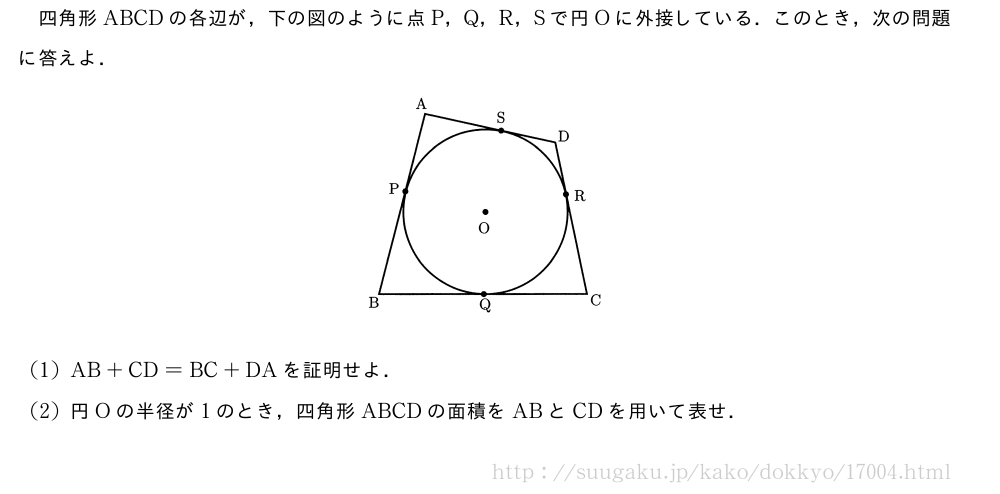 四角形ABCDの各辺が，下の図のように点P，Q，R，Sで円Oに外接している．このとき，次の問題に答えよ．（プレビューでは図は省略します）(1)AB+CD=BC+DAを証明せよ．(2)円Oの半径が1のとき，四角形ABCDの面積をABとCDを用いて表せ．