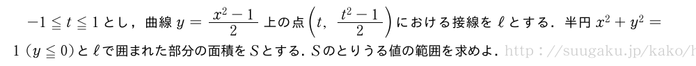 -1≦t≦1とし，曲線y=\frac{x^2-1}{2}上の点(t,\frac{t^2-1}{2})における接線をℓとする．半円x^2+y^2=1(y≦0)とℓで囲まれた部分の面積をSとする．Sのとりうる値の範囲を求めよ．
