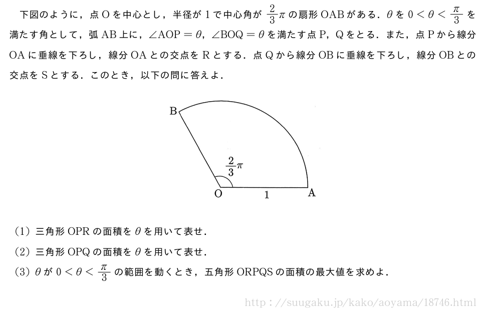 下図のように，点Oを中心とし，半径が1で中心角が2/3πの扇形OABがある．θを0＜θ＜π/3を満たす角として，弧AB上に，∠AOP=θ，∠BOQ=θを満たす点P，Qをとる．また，点Pから線分OAに垂線を下ろし，線分OAとの交点をRとする．点Qから線分OBに垂線を下ろし，線分OBとの交点をSとする．このとき，以下の問に答えよ．（プレビューでは図は省略します）(1)三角形OPRの面積をθを用いて表せ．(2)三角形OPQの面積をθを用いて表せ．(3)θが0＜θ＜π/3の範囲を動くとき，五角形ORPQSの面積の最大値を求めよ．