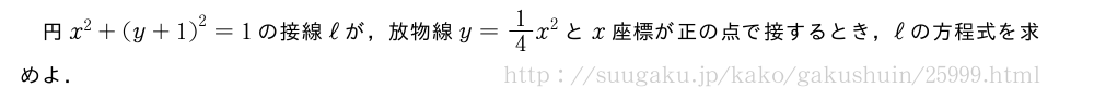 円x^2+{(y+1)}^2=1の接線ℓが，放物線y=1/4x^2とx座標が正の点で接するとき，ℓの方程式を求めよ．