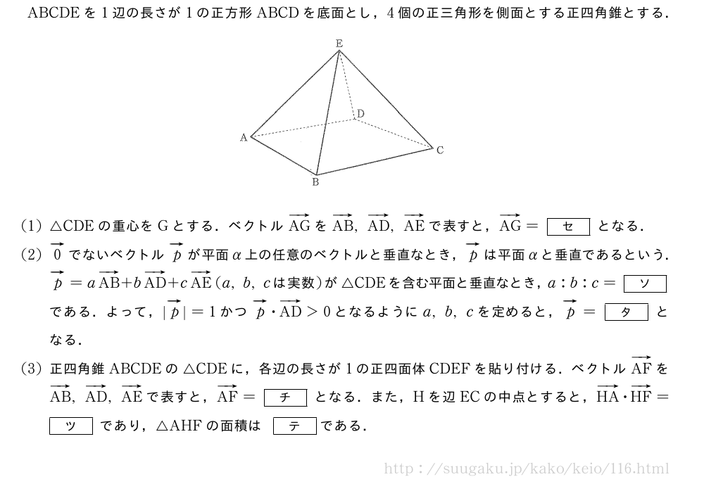 ABCDEを1辺の長さが1の正方形ABCDを底面とし，4個の正三角形を側面とする正四角錐とする．（プレビューでは図は省略します）(1)△CDEの重心をGとする．ベクトルベクトルAGをベクトルAB,ベクトルAD,ベクトルAEで表すと，ベクトルAG=[セ]となる．(2)ベクトル0でないベクトルベクトルpが平面α上の任意のベクトルと垂直なとき，ベクトルpは平面αと垂直であるという．ベクトルp=aベクトルAB+bベクトルAD+cベクトルAE(a,b,c　は実数　)が△CDEを含む平面と垂直なとき，a:b:c=[ソ]である．よって，|ベクトルp|=1かつベクトルp・ベクトルAD＞0となるようにa,b,cを定めると，ベクトルp=[タ]となる．(3)正四角錐ABCDEの△CDEに，各辺の長さが1の正四面体CDEFを貼り付ける．ベクトルベクトルAFをベクトルAB,ベクトルAD,ベクトルAEで表すと，ベクトルAF=[チ]となる．また，Hを辺ECの中点とすると，ベクトルHA・ベクトルHF=[ツ]であり，△AHFの面積は[テ]である．