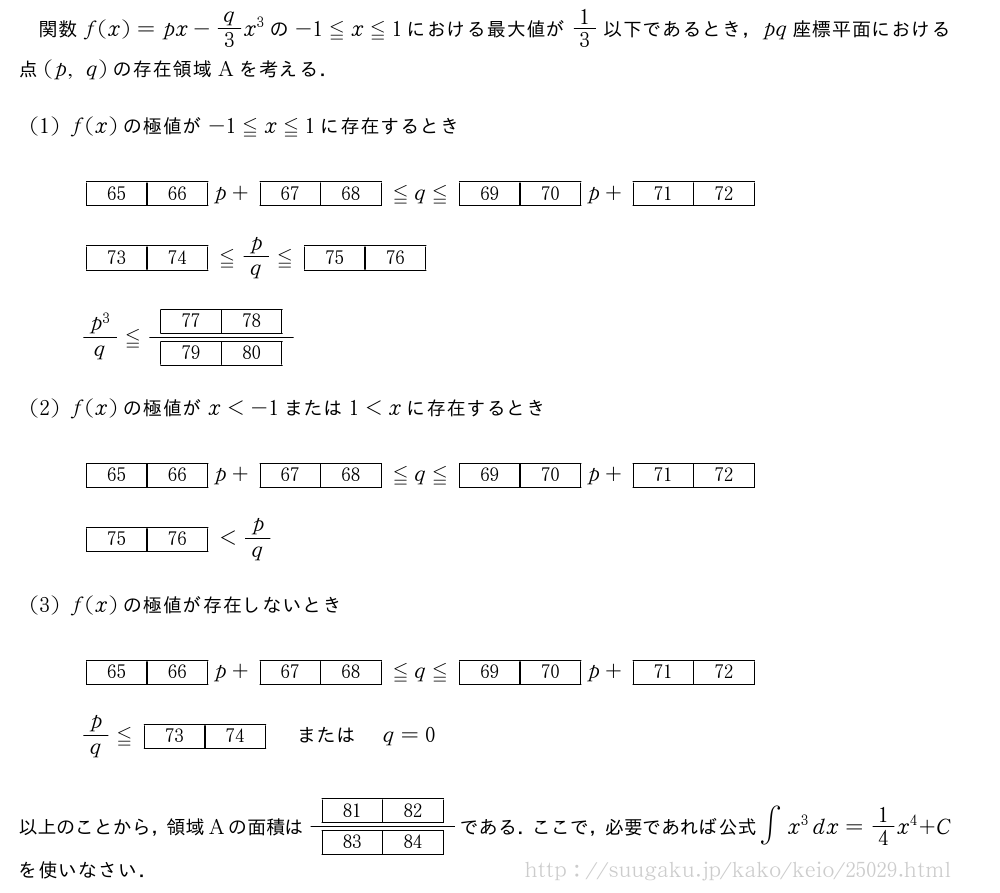 関数f(x)=px-q/3x^3の-1≦x≦1における最大値が1/3以下であるとき，pq座標平面における点(p,q)の存在領域Aを考える．(1)f(x)の極値が-1≦x≦1に存在するとき[65][66]p+[67][68]≦q≦[69][70]p+[71][72][73][74]≦p/q≦[75][76]\frac{p^3}{q}≦\frac{[77][78]}{[79][80]}(2)f(x)の極値がx＜-1または1＜xに存在するとき[65][66]p+[67][68]≦q≦[69][70]p+[71][72][75][76]＜p/q(3)f(x)の極値が存在しないとき[65][66]p+[67][68]≦q≦[69][70]p+[71][72]p/q≦[73][74]またはq=0以上のことから，領域Aの面積は\frac{[81][82]}{[83][84]}である．ここで，必要であれば公式∫x^3dx=1/4x^4+Cを使いなさい．