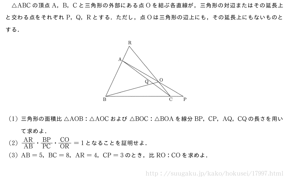 △ABCの頂点A，B，Cと三角形の外部にある点Oを結ぶ各直線が，三角形の対辺またはその延長上と交わる点をそれぞれP，Q，Rとする．ただし，点Oは三角形の辺上にも，その延長上にもないものとする．（プレビューでは図は省略します）(1)三角形の面積比△AOB:△AOCおよび△BOC:△BOAを線分BP，CP，AQ，CQの長さを用いて求めよ．(2)AR/AB・BP/PC・CO/OR=1となることを証明せよ．(3)AB=5，BC=8，AR=4，CP=3のとき，比RO:COを求めよ．