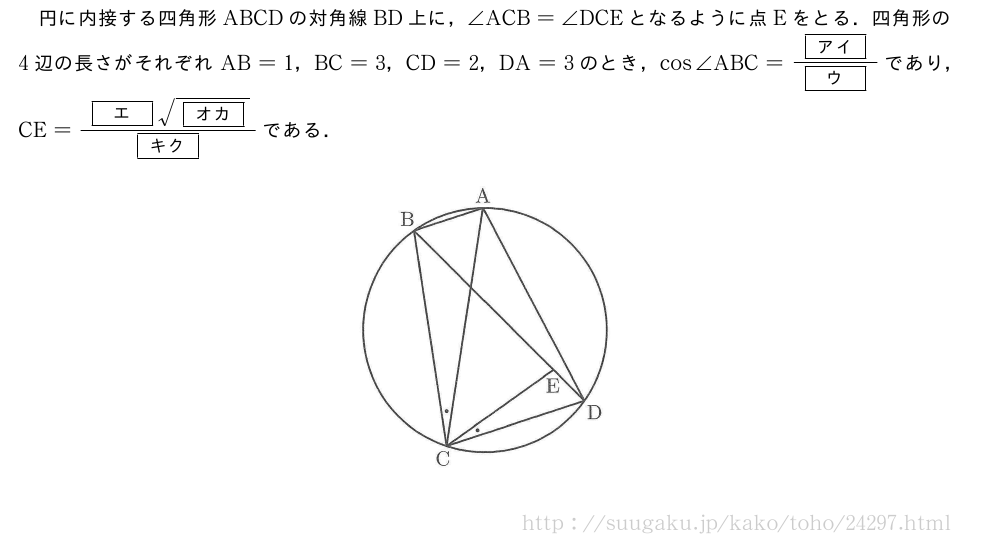 円に内接する四角形ABCDの対角線BD上に，∠ACB=∠DCEとなるように点Eをとる．四角形の4辺の長さがそれぞれAB=1，BC=3，CD=2，DA=3のとき，cos∠ABC=\frac{[\bfアイ]}{[\bfウ]}であり，CE=\frac{[\bfエ]\sqrt{[\bfオカ]}}{[\bfキク]}である．（プレビューでは図は省略します）