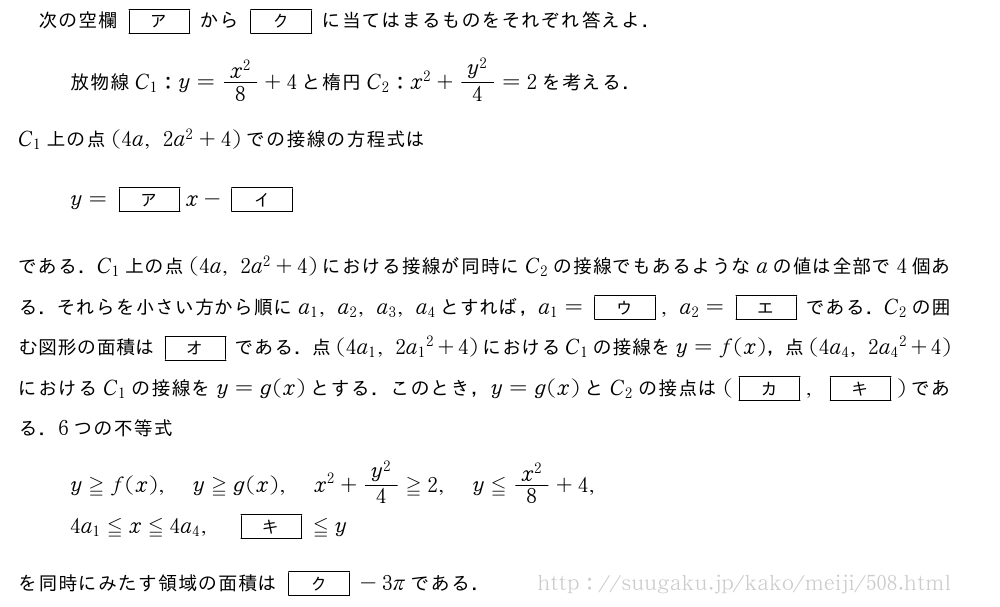 次の空欄[ア]から[ク]に当てはまるものをそれぞれ答えよ．放物線C_1:y=\frac{x^2}{8}+4と楕円C_2:x^2+\frac{y^2}{4}=2を考える．C_1上の点(4a,2a^2+4)での接線の方程式はy=[ア]x-[イ]である．C_1上の点(4a,2a^2+4)における接線が同時にC_2の接線でもあるようなaの値は全部で4個ある．それらを小さい方から順にa_1,a_2,a_3,a_4とすれば，a_1=[ウ],a_2=[エ]である．C_2の囲む図形の面積は[オ]である．点(4a_1,2{a_1}^2+4)におけるC_1の接線をy=f(x)，点(4a_4,2{a_4}^2+4)におけるC_1の接線をy=g(x)とする．このとき，y=g(x)とC_2の接点は([カ],[キ])である．6つの不等式y≧f(x),y≧g(x),x^2+\frac{y^2}{4}≧2,y≦\frac{x^2}{8}+4,4a_1≦x≦4a_4,[キ]≦yを同時にみたす領域の面積は[ク]-3πである．