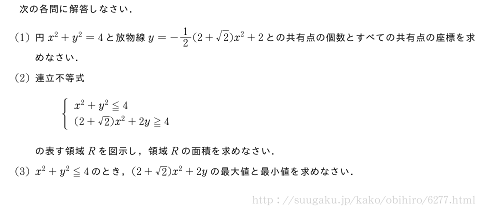 次の各問に解答しなさい．(1)円x^2+y^2=4と放物線y=-1/2(2+√2)x^2+2との共有点の個数とすべての共有点の座標を求めなさい．(2)連立不等式{\begin{array}{l}x^2+y^2≦4\\(2+√2)x^2+2y≧4\end{array}.の表す領域Rを図示し，領域Rの面積を求めなさい．(3)x^2+y^2≦4のとき，(2+√2)x^2+2yの最大値と最小値を求めなさい．