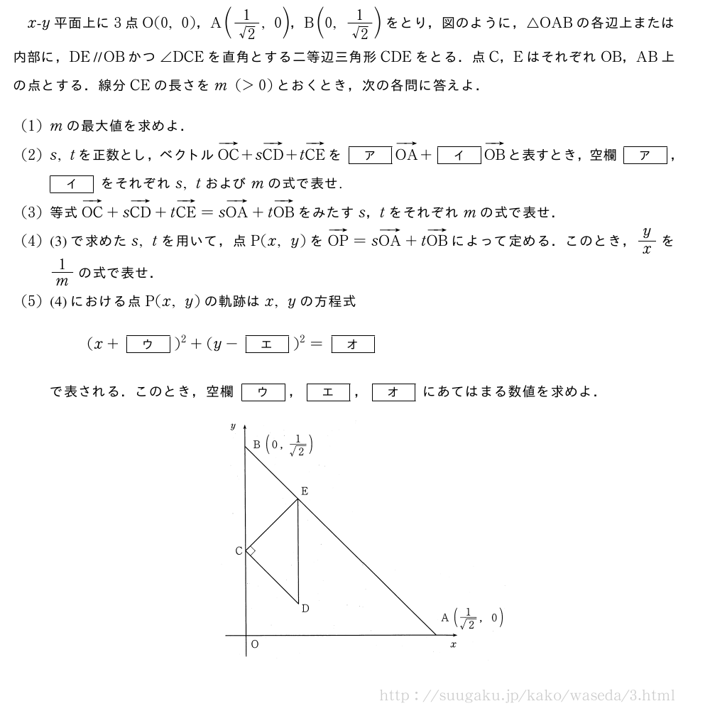 x-y平面上に3点O(0,0)，A(\frac{1}{√2},0)，B(0,\frac{1}{√2})をとり，図のように，△OABの各辺上または内部に，DE\paraOBかつ∠DCEを直角とする二等辺三角形CDEをとる．点C，EはそれぞれOB，AB上の点とする．線分CEの長さをm(＞0)とおくとき，次の各問に答えよ．(1)mの最大値を求めよ．(2)s,tを正数とし，ベクトルベクトルOC+sベクトルCD+tベクトルCEを[ア]ベクトルOA+[イ]ベクトルOBと表すとき，空欄[ア]，[イ]をそれぞれs,tおよびmの式で表せ.(3)等式ベクトルOC+sベクトルCD+tベクトルCE=sベクトルOA+tベクトルOBをみたすs，tをそれぞれmの式で表せ．(4)(3)で求めたs,tを用いて，点P(x,y)をベクトルOP=sベクトルOA+tベクトルOBによって定める．このとき，y/xを1/mの式で表せ．(5)(4)における点P(x,y)の軌跡はx,yの方程式(x+[ウ])^2+(y-[エ])^2=[オ]で表される．このとき，空欄[ウ]，[エ]，[オ]にあてはまる数値を求めよ．（プレビューでは図は省略します）
