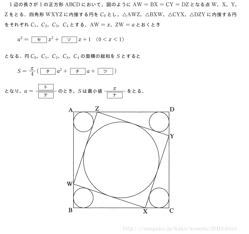 1辺の長さが1の正方形ABCDにおいて，図のようにAW=BX=CY=DZとなる点W，X，Y，Zをとる．四角形WXYZに内接する円をC_0とし，△AWZ，△BXW，△CYX，△DZYに内接する円をそれぞれC_1，C_2，C_3，C_4とする．AW=x，ZW=aとおくときa^2=[セ]x^2+[ソ]x+1(0＜x＜1)となる．円C_0，C_1，C_2，C_3，C_4の面積の総和をSとするとS=π/4([タ]a^2+[チ]a+[ツ])となり，a=\frac{[ト]}{[テ]}のとき，Sは最小値\frac{π}{[ナ]}をとる．（プレビューでは図は省略します）