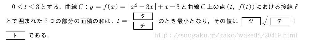 0＜t＜3とする．曲線C:y=f(x)=|x^2-3x|+x-3と曲線C上の点(t,f(t))における接線ℓとで囲まれた2つの部分の面積の和は，t=\frac{[タ]}{[チ]}のとき最小となり，その値は[ツ]\sqrt{[テ]}+[ト]である．