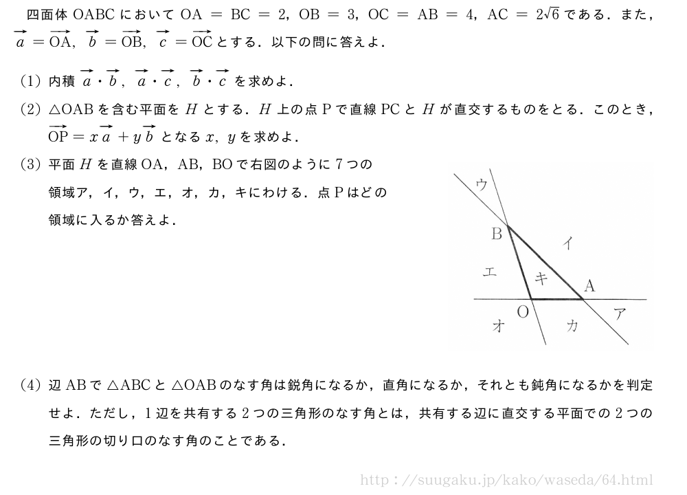四面体OABCにおいてOA=BC=2，OB=3，OC=AB=4，AC=2√6である．また，ベクトルa=ベクトルOA,ベクトルb=ベクトルOB,ベクトルc=ベクトルOCとする．以下の問に答えよ．(1)内積ベクトルa・ベクトルb,ベクトルa・ベクトルc,ベクトルb・ベクトルcを求めよ．(2)△OABを含む平面をHとする．H上の点Pで直線PCとHが直交するものをとる．このとき，ベクトルOP=xベクトルa+yベクトルbとなるx,yを求めよ．(3)平面Hを直線OA，AB，BOで右図のように7つの\領域ア，イ，ウ，エ，オ，カ，キにわける．点Pはどの\領域に入るか答えよ．\img{304_23_2011_1}{20}(4)辺ABで△ABCと△OABのなす角は鋭角になるか，直角になるか，それとも鈍角になるかを判定せよ．ただし，1辺を共有する2つの三角形のなす角とは，共有する辺に直交する平面での2つの三角形の切り口のなす角のことである．