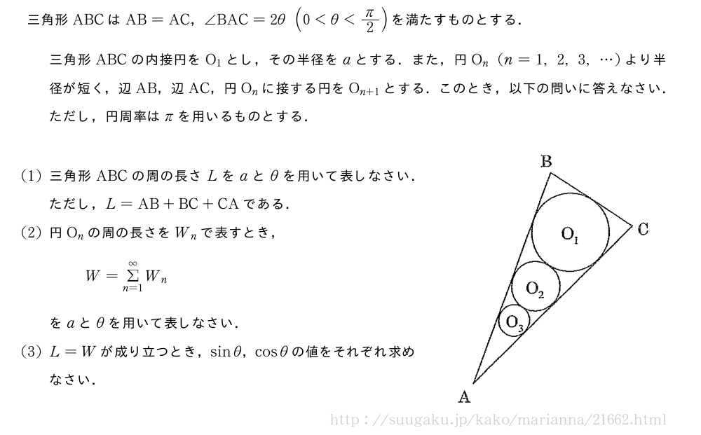 三角形ABCはAB=AC，∠BAC=2θ(0＜θ＜π/2)を満たすものとする．三角形ABCの内接円をO_1とし，その半径をaとする．また，円O_n(n=1,2,3,・・・)より半径が短く，辺AB，辺AC，円O_nに接する円をO_{n+1}とする．このとき，以下の問いに答えなさい．ただし，円周率はπを用いるものとする．\begin{mawarikomi}{55mm}{（プレビューでは図は省略します）}(1)三角形ABCの周の長さLをaとθを用いて表しなさい．ただし，L=AB+BC+CAである．(2)円O_nの周の長さをW_nで表すとき，W=Σ_{n=1}^∞W_nをaとθを用いて表しなさい．(3)L=Wが成り立つとき，sinθ，cosθの値をそれぞれ求めなさい．\end{mawarikomi}