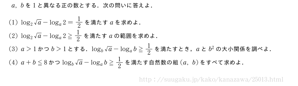 a,bを1と異なる正の数とする．次の問いに答えよ．(1)log_2√a-log_a2=1/2を満たすaを求めよ．(2)log_2√a-log_a2≧1/2を満たすaの範囲を求めよ．(3)a＞1かつb＞1とする．log_b√a-log_ab≧1/2を満たすとき，aとb^2の大小関係を調べよ．(4)a+b≦8かつlog_b√a-log_ab≧1/2を満たす自然数の組(a,b)をすべて求めよ．