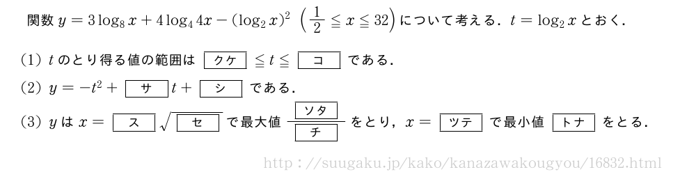 関数y=3log_8x+4log_44x-(log_2x)^2(1/2≦x≦32)について考える．t=log_2xとおく．(1)tのとり得る値の範囲は[クケ]≦t≦[コ]である．(2)y=-t^2+[サ]t+[シ]である．(3)yはx=[ス]\sqrt{[セ]}で最大値\frac{[ソタ]}{[チ]}をとり，x=[ツテ]で最小値[トナ]をとる．