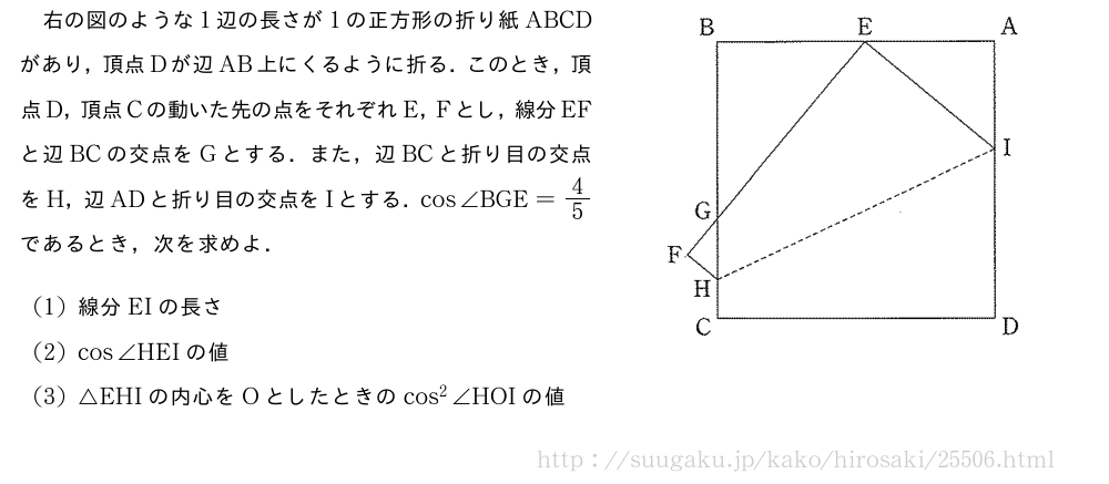 \begin{mawarikomi}{65mm}{（プレビューでは図は省略します）}右の図のような1辺の長さが1の正方形の折り紙ABCDがあり，頂点Dが辺AB上にくるように折る．このとき，頂点D，頂点Cの動いた先の点をそれぞれE，Fとし，線分EFと辺BCの交点をGとする．また，辺BCと折り目の交点をH，辺ADと折り目の交点をIとする．cos∠BGE=4/5であるとき，次を求めよ．(1)線分EIの長さ(2)cos∠HEIの値(3)△EHIの内心をOとしたときのcos^2∠HOIの値\end{mawarikomi}
