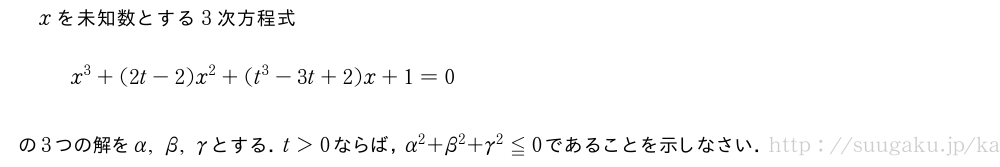 xを未知数とする3次方程式x^3+(2t-2)x^2+(t^3-3t+2)x+1=0の3つの解をα,β,γとする．t＞0ならば，α^2+β^2+γ^2≦0であることを示しなさい．