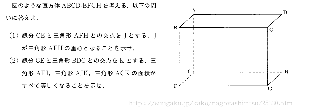 \begin{mawarikomi}{70mm}{（プレビューでは図は省略します）}図のような直方体ABCD-EFGHを考える．以下の問いに答えよ．(1)線分CEと三角形AFHとの交点をJとする．Jが三角形AFHの重心となることを示せ．(2)線分CEと三角形BDGとの交点をKとする．三角形AEJ，三角形AJK，三角形ACKの面積がすべて等しくなることを示せ．\end{mawarikomi}