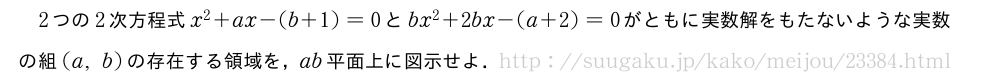 2つの2次方程式x^2+ax-(b+1)=0とbx^2+2bx-(a+2)=0がともに実数解をもたないような実数の組(a,b)の存在する領域を，ab平面上に図示せよ．