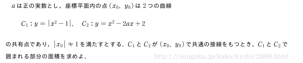 aは正の実数とし，座標平面内の点(x_0,y_0)は2つの曲線C_1:y=|x^2-1|,C_2:y=x^2-2ax+2の共有点であり，|x_0|≠1を満たすとする．C_1とC_2が(x_0,y_0)で共通の接線をもつとき，C_1とC_2で囲まれる部分の面積を求めよ．