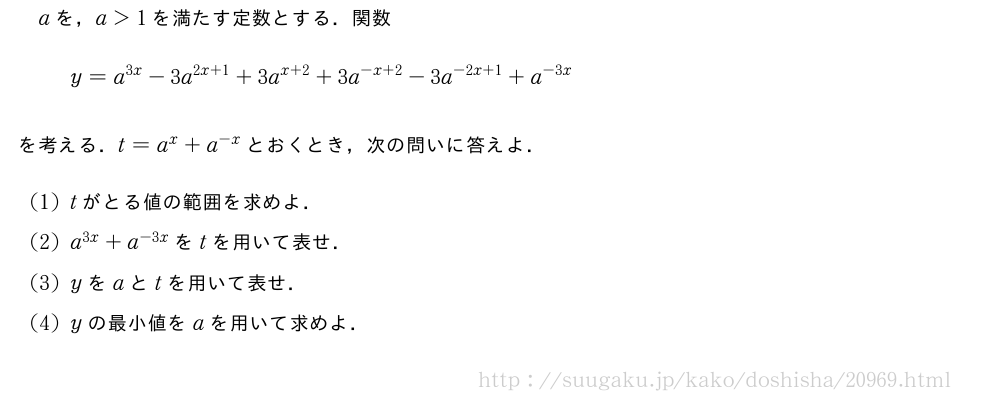 aを，a＞1を満たす定数とする．関数y=a^{3x}-3a^{2x+1}+3a^{x+2}+3a^{-x+2}-3a^{-2x+1}+a^{-3x}を考える．t=a^x+a^{-x}とおくとき，次の問いに答えよ．(1)tがとる値の範囲を求めよ．(2)a^{3x}+a^{-3x}をtを用いて表せ．(3)yをaとtを用いて表せ．(4)yの最小値をaを用いて求めよ．