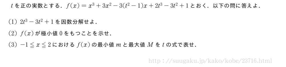 tを正の実数とする．f(x)=x^3+3x^2-3(t^2-1)x+2t^3-3t^2+1とおく．以下の問に答えよ．(1)2t^3-3t^2+1を因数分解せよ．(2)f(x)が極小値0をもつことを示せ．(3)-1≦x≦2におけるf(x)の最小値mと最大値Mをtの式で表せ．