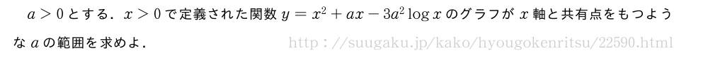 a＞0とする．x＞0で定義された関数y=x^2+ax-3a^2logxのグラフがx軸と共有点をもつようなaの範囲を求めよ．