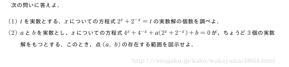次の問いに答えよ．(1)tを実数とする．xについての方程式{2}^x+{2}^{-x}=tの実数解の個数を調べよ．(2)aとbを実数とし，xについての方程式{4}^x+{4}^{-x}+a({2}^x+{2}^{-x})+b=0が，ちょうど3個の実数解をもつとする．このとき，点(a,b)の存在する範囲を図示せよ．