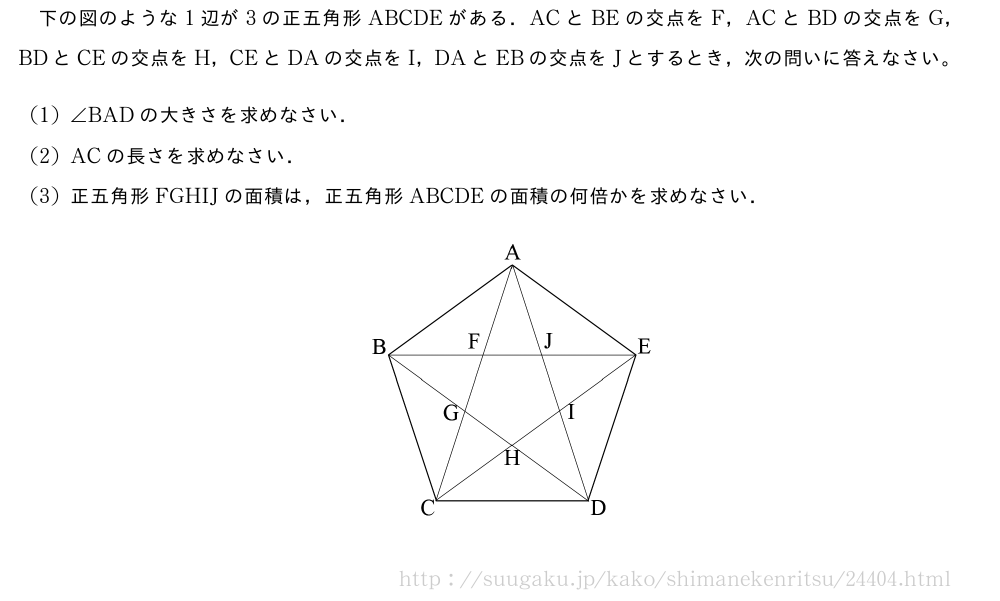 下の図のような1辺が3の正五角形ABCDEがある．ACとBEの交点をF，ACとBDの交点をG，BDとCEの交点をH，CEとDAの交点をI，DAとEBの交点をJとするとき，次の問いに答えなさい。(1)∠BADの大きさを求めなさい．(2)ACの長さを求めなさい．(3)正五角形FGHIJの面積は，正五角形ABCDEの面積の何倍かを求めなさい．（プレビューでは図は省略します）