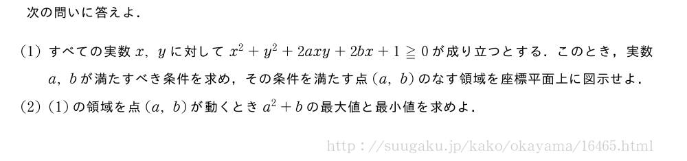 次の問いに答えよ．(1)すべての実数x,yに対してx^2+y^2+2axy+2bx+1≧0が成り立つとする．このとき，実数a,bが満たすべき条件を求め，その条件を満たす点(a,b)のなす領域を座標平面上に図示せよ．(2)(1)の領域を点(a,b)が動くときa^2+bの最大値と最小値を求めよ．