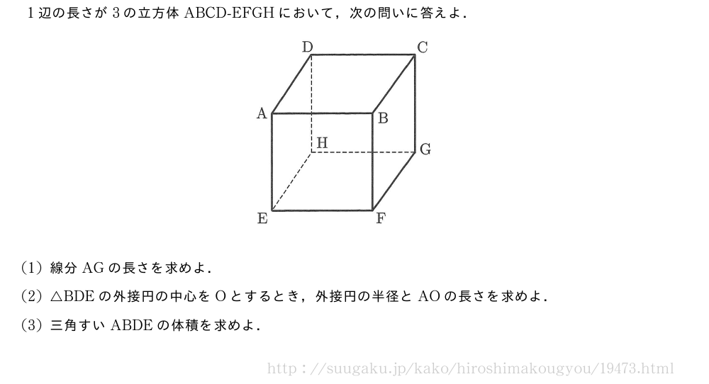 1辺の長さが3の立方体ABCD-EFGHにおいて，次の問いに答えよ．（プレビューでは図は省略します）(1)線分AGの長さを求めよ．(2)△BDEの外接円の中心をOとするとき，外接円の半径とAOの長さを求めよ．(3)三角すいABDEの体積を求めよ．