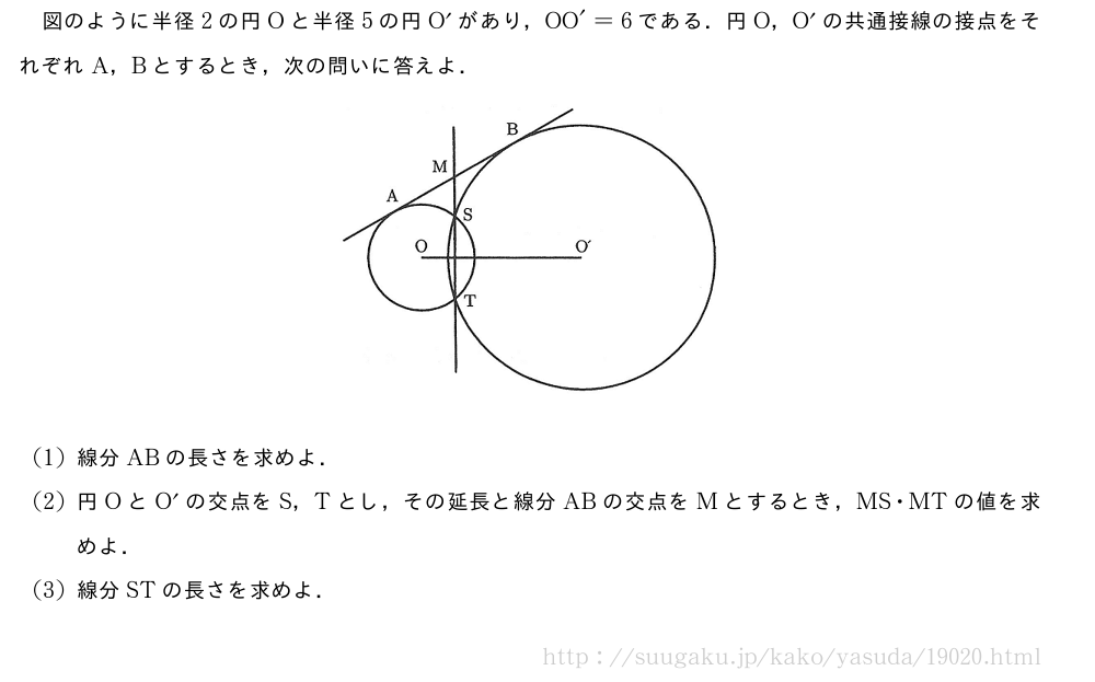 図のように半径2の円Oと半径5の円O´があり，OO´=6である．円O，O´の共通接線の接点をそれぞれA，Bとするとき，次の問いに答えよ．（プレビューでは図は省略します）(1)線分ABの長さを求めよ．(2)円OとO´の交点をS，Tとし，その延長と線分ABの交点をMとするとき，MS・MTの値を求めよ．(3)線分STの長さを求めよ．