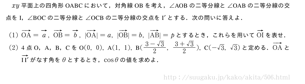 xy平面上の四角形OABCにおいて，対角線OBを考え，∠　AOB　の二等分線と∠　OAB　の二等分線の交点をI，∠　BOC　の二等分線と∠　OCB　の二等分線の交点を　I　´とする．次の問いに答えよ．(1)ベクトルOA=ベクトルa,ベクトルOB=ベクトルb,|ベクトルOA|=a,|ベクトルOB|=b,|ベクトルAB|=pとするとき，これらを用いてベクトルOIを表せ．(2)4点O，A，B，CをO(0,0),A(1,1),B(\frac{3-√3}{2},\frac{3+√3}{2}),C(-√3,√3)と定める．ベクトルOAと\overrightarrow{　II　´}がなす角をθとするとき，cosθの値を求めよ．