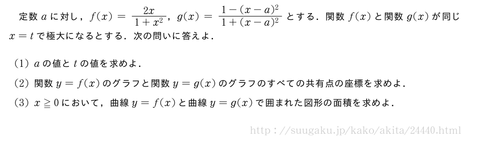 定数aに対し，f(x)=\frac{2x}{1+x^2}，g(x)=\frac{1-(x-a)^2}{1+(x-a)^2}とする．関数f(x)と関数g(x)が同じx=tで極大になるとする．次の問いに答えよ．(1)aの値とtの値を求めよ．(2)関数y=f(x)のグラフと関数y=g(x)のグラフのすべての共有点の座標を求めよ．(3)x≧0において，曲線y=f(x)と曲線y=g(x)で囲まれた図形の面積を求めよ．