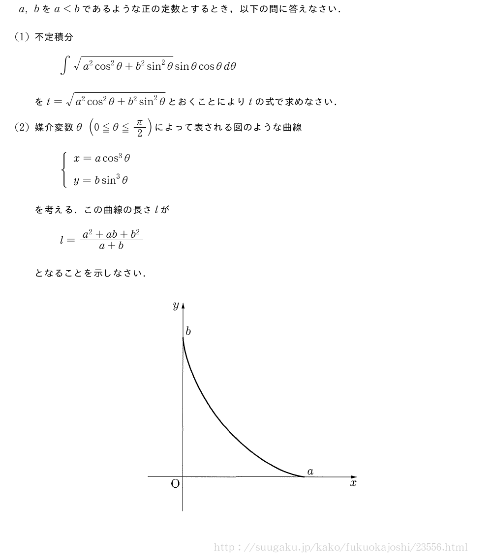 a,bをa＜bであるような正の定数とするとき，以下の問に答えなさい．(1)不定積分∫\sqrt{a^2cos^2θ+b^2sin^2θ}sinθcosθdθをt=\sqrt{a^2cos^2θ+b^2sin^2θ}とおくことによりtの式で求めなさい．(2)媒介変数θ(0≦θ≦π/2)によって表される図のような曲線{\begin{array}{l}x=acos^3θ\phantom{2/2}\y=bsin^3θ\phantom{\frac{[]}{2}}\end{array}.を考える．この曲線の長さlがl=\frac{a^2+ab+b^2}{a+b}となることを示しなさい．（プレビューでは図は省略します）