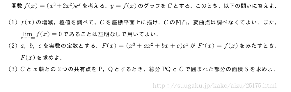関数f(x)=(x^3+2x^2)e^xを考える．y=f(x)のグラフをCとする．このとき，以下の問いに答えよ．(1)f(x)の増減，極値を調べて，Cを座標平面上に描け．Cの凹凸，変曲点は調べなくてよい．また，\lim_{x→-∞}f(x)=0であることは証明なしで用いてよい．(2)a,b,cを実数の定数とする．F(x)=(x^3+ax^2+bx+c)e^xがF´(x)=f(x)をみたすとき，F(x)を求めよ．(3)Cとx軸との2つの共有点をP，Qとするとき，線分PQとCで囲まれた部分の面積Sを求めよ．